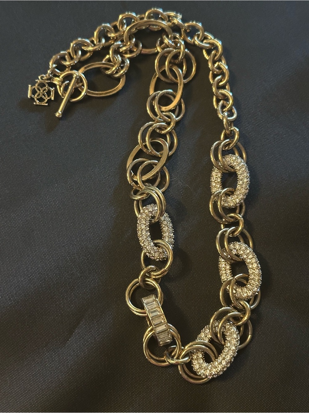 Vintage Monet Heavy Gold Tone Link w/Pave Rhinestone Toggle necklace